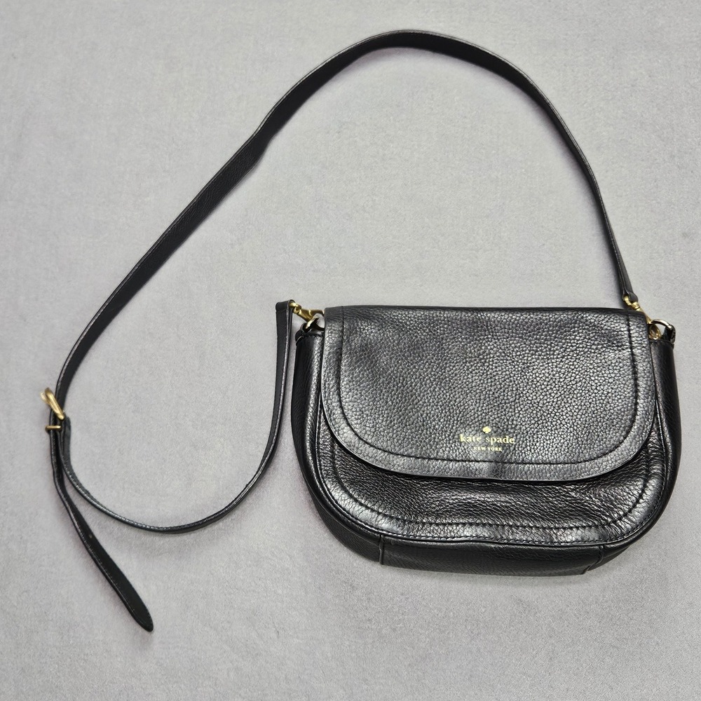 Kate Spade Black Pebbled Cow Leather Crossbody Flap Bag Gold Tone Hardware